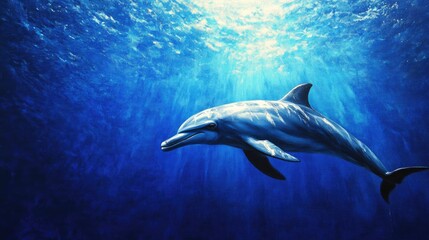 Fototapeta premium Oil painting depicting a solitary Bottlenose dolphin underwater in a blue ocean setting showcasing the beauty of marine life
