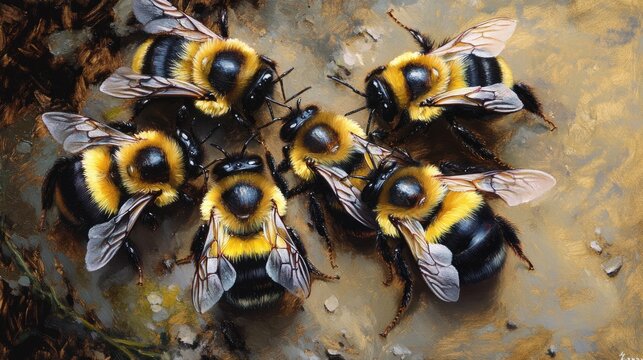 Oil painting depicting bumblebees a genus within the true bee family showcasing their distinct characteristics and vibrant colors