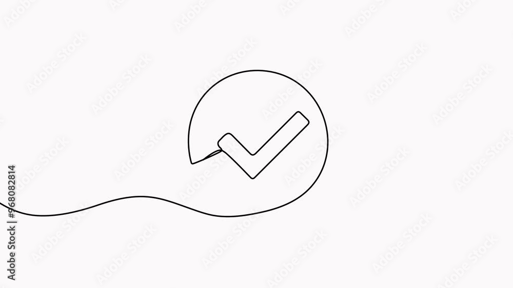 Poster animated checkmark in circle continuous line drawing. approved linear symbol animation.