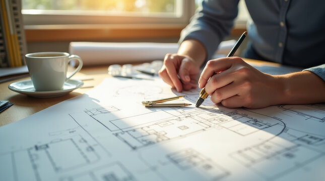 Architekt zeichnet pr&auml;zise Pl&auml;ne auf einem gro&szlig;en Blatt Papier mit Sonnenlicht, das durch das Fenster strahlt

