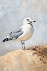 Close up oil painting of a seagull perched on a sandy surface showcasing intricate details and textures