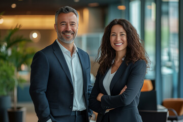 Editorial photography. A middle-aged man in business attire and his blonde daughter standing side by side