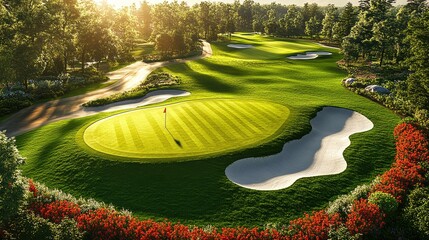 Sun shining on a golf course surrounded by forest at golden hour