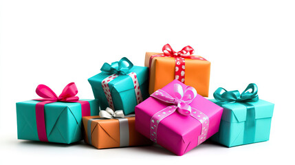 Fototapeta premium Colorful gift boxes with ribbons stacked together, perfect for festive season celebrations or special occasions. Bright and cheerful.