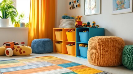 vibrant and fun kids room with colorful bins for toy storage, showcasing a playful modern design theme in a banner