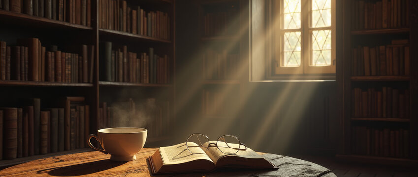 Gem&uuml;tliche Leseecke mit Kaffee, Buch und Sonnenstrahlen

