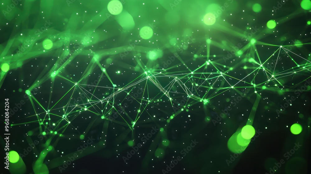 Poster abstract green digital network background with futuristic connections and glowing dots. concept of t