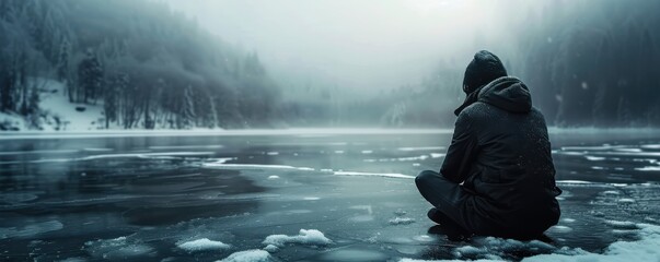 Obraz premium Solitary figure sitting in a snowy, barren landscape, evoking feelings of solitude, introspection, and cold. Free copy space for text.