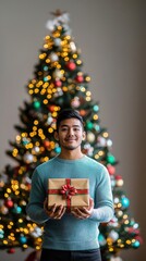 Obraz premium Cheerful Young Man Holding Christmas Present in Front of Decorated Tree