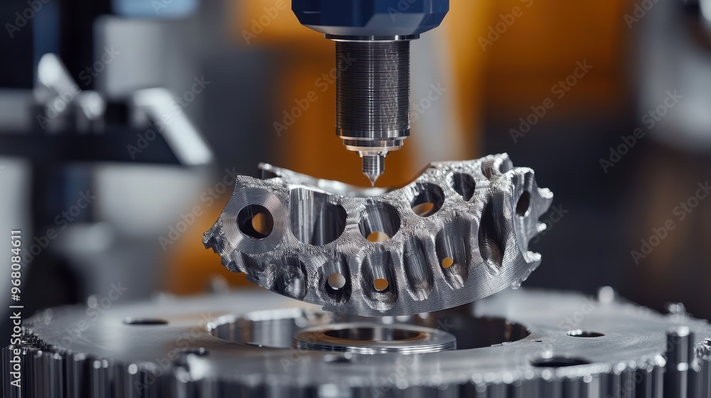 Poster close-up of a cnc machine processing a metal part