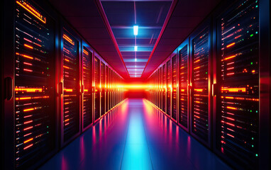 Fototapeta premium Futuristic server room illuminated with vibrant lights, showcasing advanced technology and data processing.