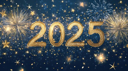 A dazzling banner showcases the year 2025 in shiny gold, surrounded by sparkling stars and colorful fireworks for New Year's festivities