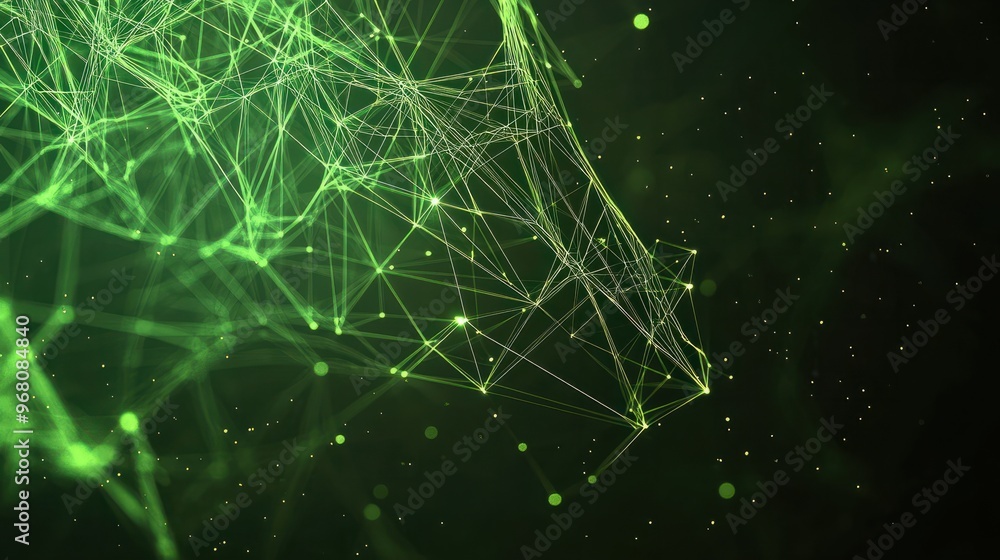 Poster banner with green abstract background with a network grid and particles connected. sci-fi digital te