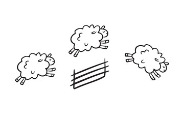 Doodle line cute sheep jumping over fence. Good night sleep poster. Counting sheep to fall asleep. 