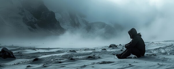 Solitary figure sitting in a snowy, barren landscape, evoking feelings of solitude, introspection, and cold. Free copy space for text.
