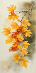Autumn maple branch with yellow leaves. Watercolor painting on paper.
