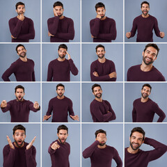 Man, portrait and studio montage with confidence, expressions and unique different faces. Collage,...