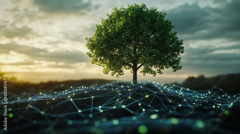 Aufkleber climate change networking concept with tree and network lines.