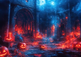 Fototapeta premium Halloween pumpkin illuminating a spooky gothic cathedral