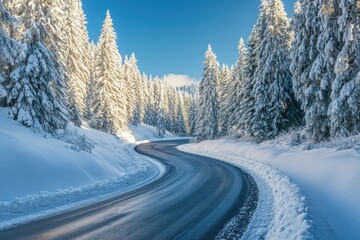Winding Road Through Snow-Covered Pine Forest