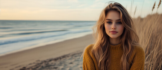 portrait of blond long hair young woman model wearing warm, orange sweater sitting on the beach on autumn/fall season; copy space