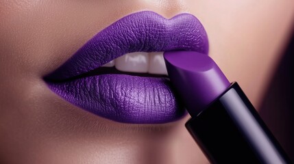 Obraz premium Woman applying purple lipstick to her lips 