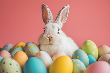 Fototapeta premium Easter bunny surrounded by colorful decorated Easter eggs, set against a solid background. Festive spirit and joy of holiday celebrations.