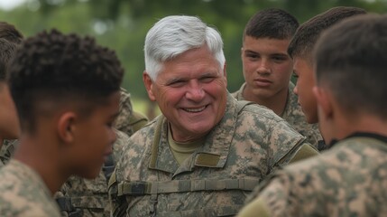 Obraz premium Senior Military Officer Sharing Moment with Young Soldiers