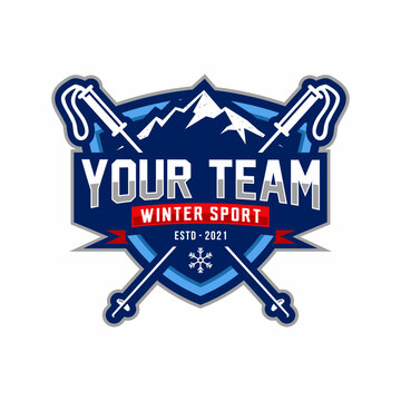 Ski Sports Logo Template Vector. Winter mountain skiing badge.