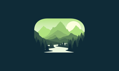 Landscape badge flat vector design illustration of mountains, calm river and silhouettes of pine trees, soft green gradations layered