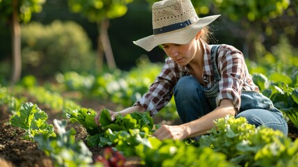 Female farmer examining crops in a vibrant green field, copy space 