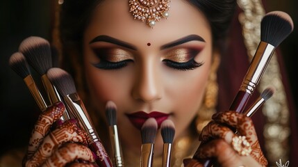 Bridal makeup, wedding makeup, Indian bride holding makeup brushes, closeup