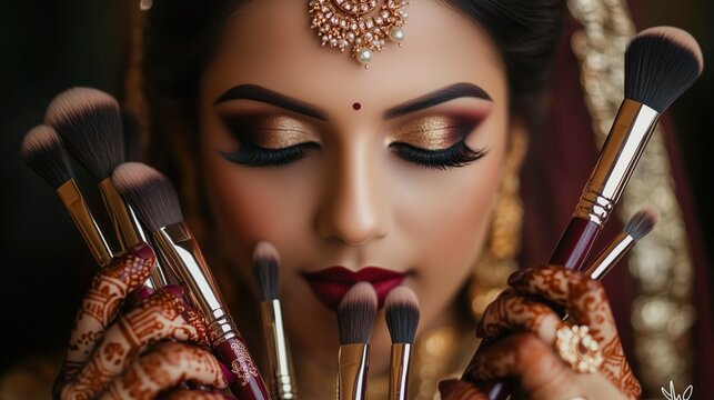 Bridal makeup, wedding makeup, Indian bride holding makeup brushes, closeup