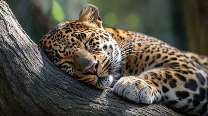 Obraz premium A leopard peacefully resting on a tree branch in a vibrant tropical environment during daylight