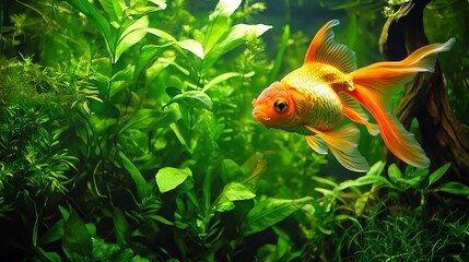 Goldfish thrive in freshwater aquariums adorned with lush green plants, creating a vibrant and natural tropical ambiance. 