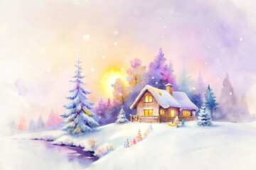 Enchanting winter scene with a watercolor cottage surrounded by snow and trees at sunrise