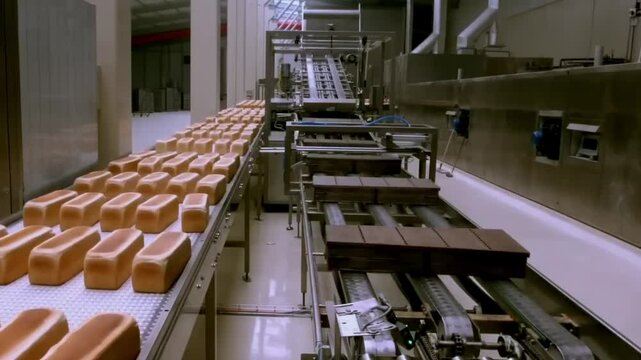 Freshly baked bread moves along an automatic conveyor line. Bread production conveyor line. A loaf of bread on the production line in a bakery.