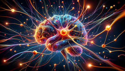 A living neural network with interconnected nodes and synapses, symbolizing the complexity of the brain.

