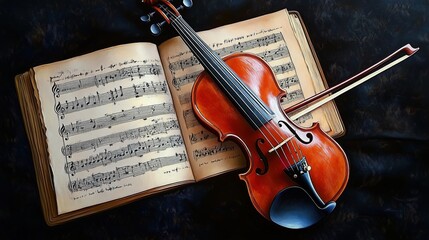 Fototapeta premium Violin, bow and book of musical notes on a dark background