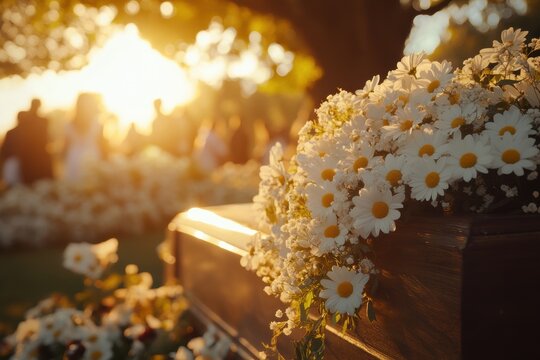 A coffin adorned with white flowers under a tree, bathed in the warm glow of a sunset, suggesting a serene outdoor funeral setting