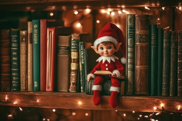 Christmas Elf Sitting on Bookshelf with Lights