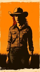 background image of a cowboy woman, western illustration style, western.  