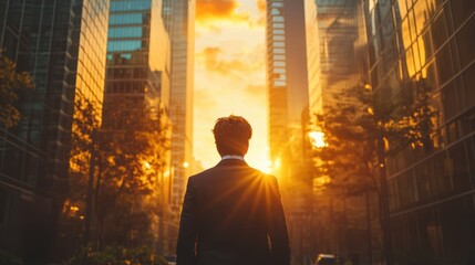 A man in a suit stands facing a sunset, framed by tall buildings, creating a dramatic urban landscape with warm golden hues