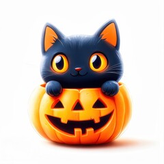 Adorable black kitten peeking out of a jack-o'-lantern for halloween