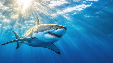 Fototapeta premium Great white shark swimming in clear ocean waters under bright, sunlit surface