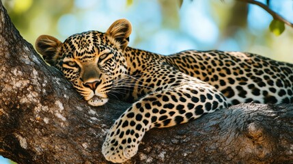 Naklejka premium A relaxed leopard lounging on a tree branch in a lush savanna under a bright blue sky