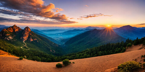 Fototapeta premium Mountain landscape bathed in golden sunset light, with panoramic views of calm orange skies, creating a peaceful, tranquil atmosphere ideal for relaxation and capturing summer’s serene beauty