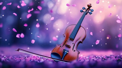 Fototapeta premium Violin and bow on ground, pink petals flying in the air, against a purple background