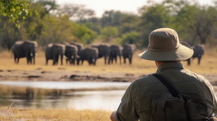 A safari enthusiast observes a herd of elephants near a tranquil waterhole at sunset