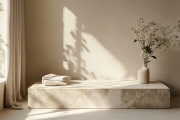 A serene interior scene featuring a minimalist stone platform, a vase of flowers, and soft natural...